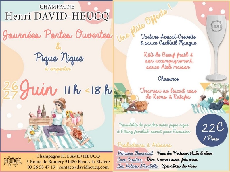 Journée portes ouvertes et pique-nique les 26 et 27 juin 2021 organises par la maison de champagne Henri David Heucq HDH.